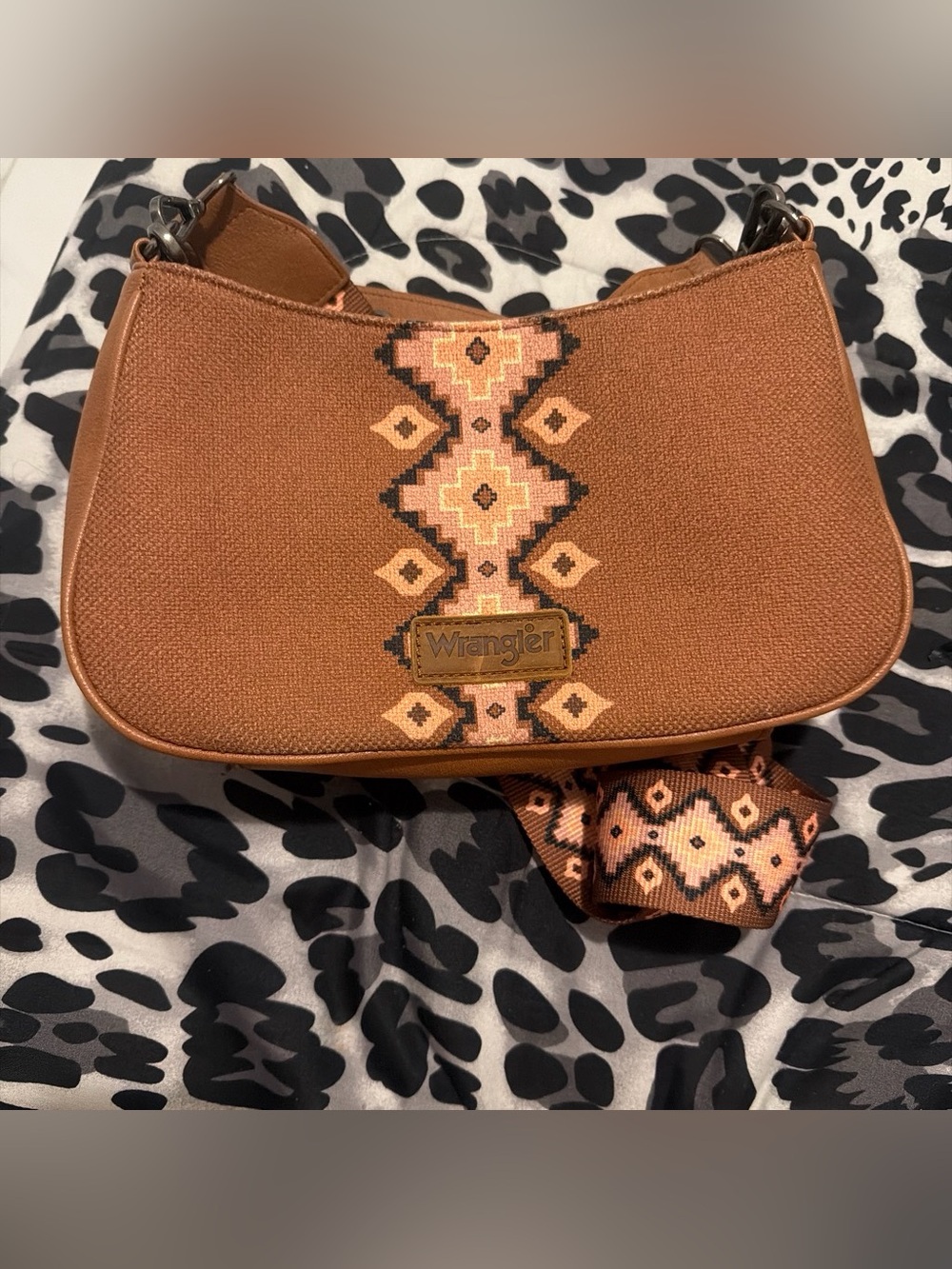 Wrangler Rust Embroidered Shoulder Bag with Patterned Strap